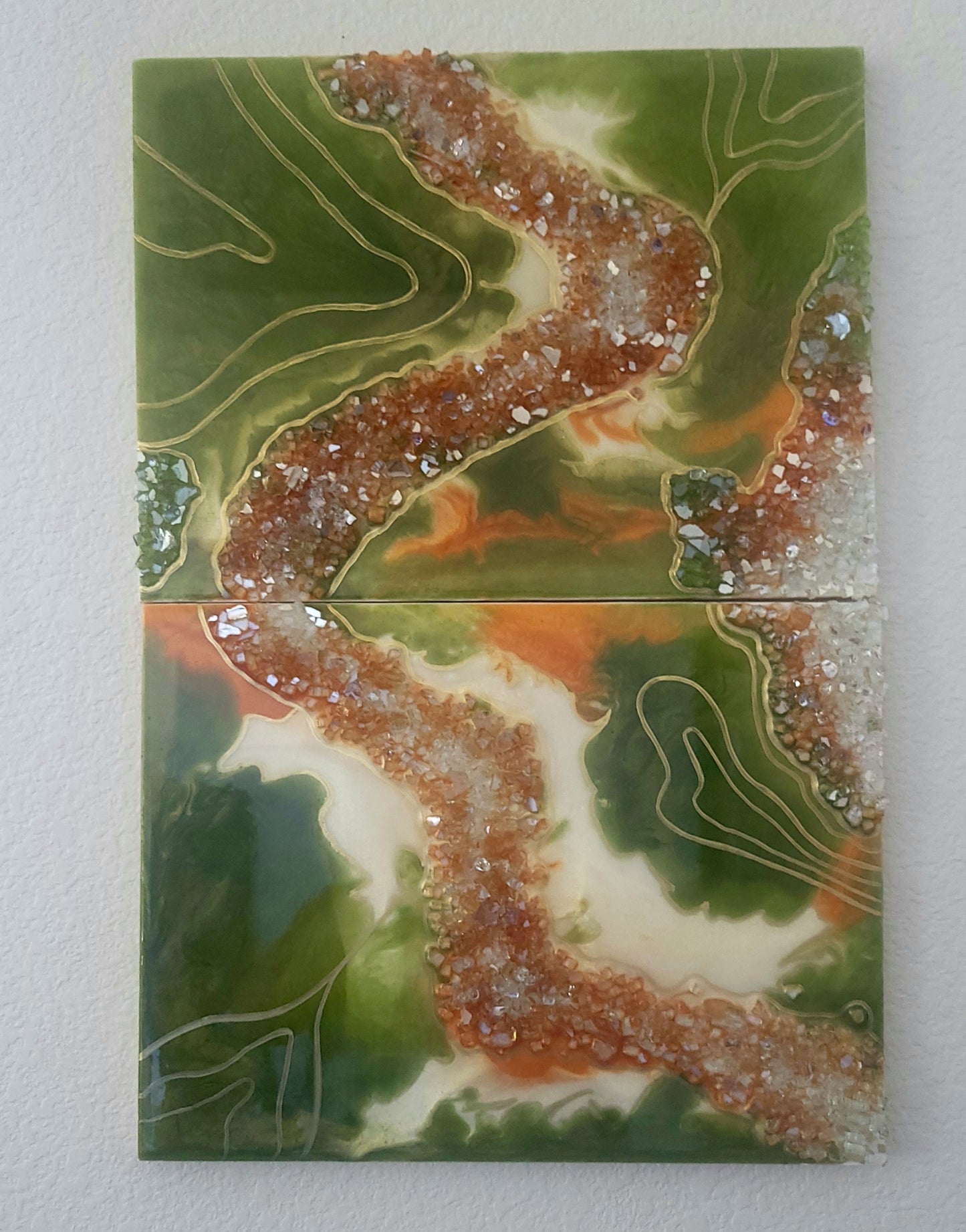 Green/Gold/Ivory Mixed Media Glass - 2 piece art