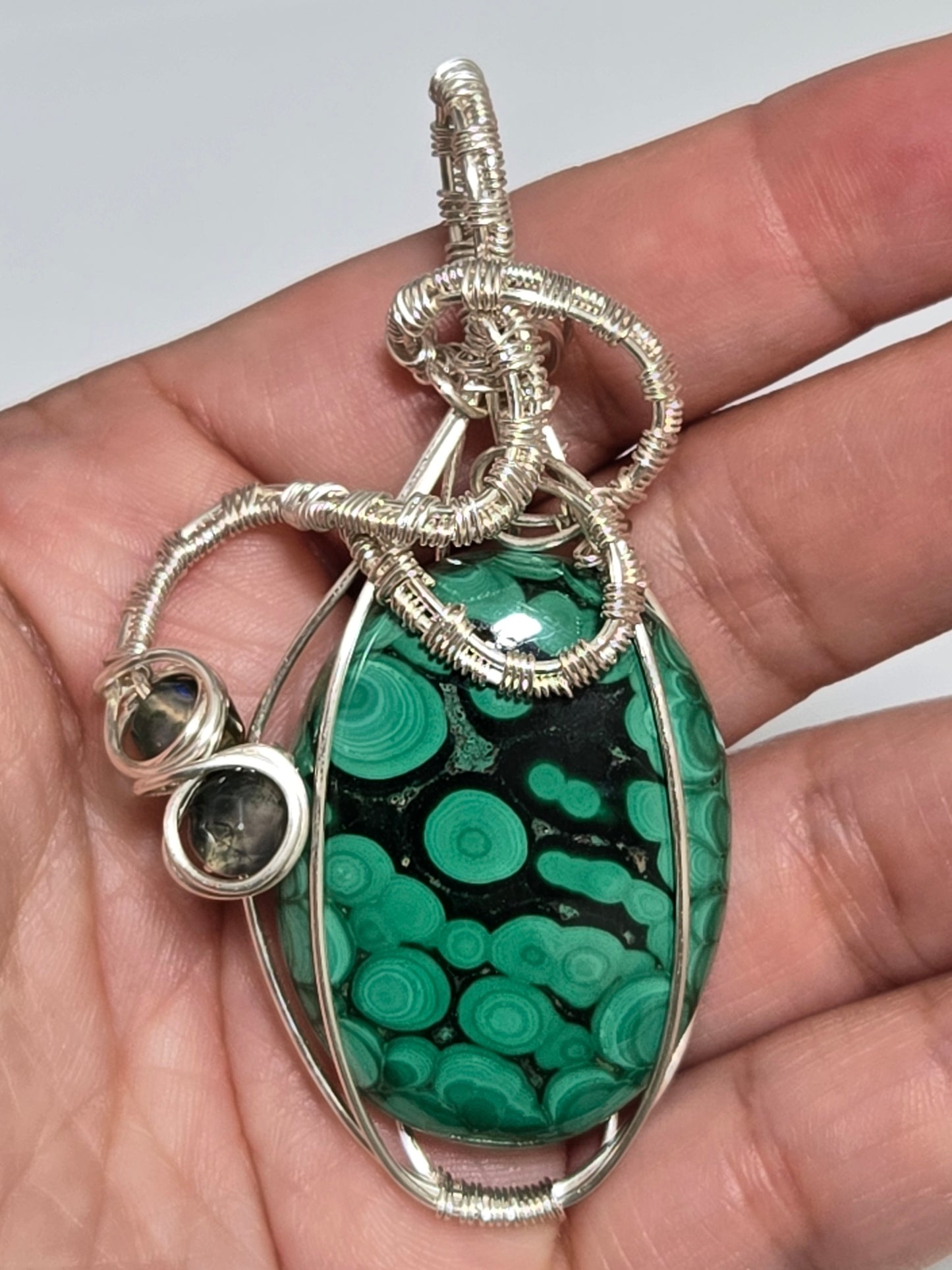 Malachite pendant with moss agate accents